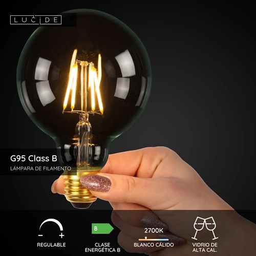 Lucide G95 Class B - Lámpara de filamento - Ø 9,5 cm - LED Regul. - E27 - 1x7W 2700K - Transparente - USP